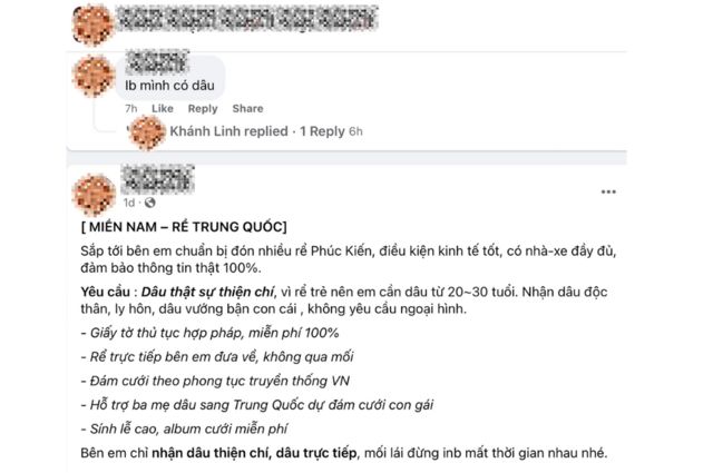 Lời tuyển dâu Việt Nam cho nam giới Trung Quốc trên Facebook