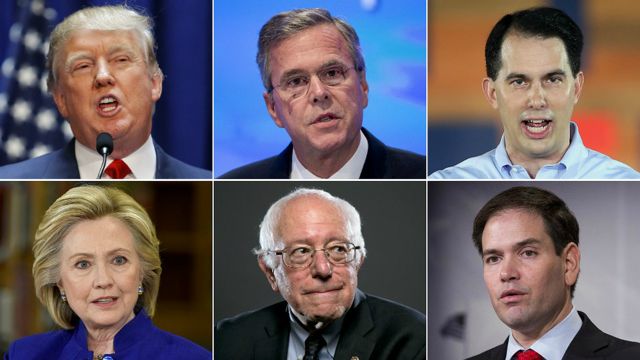 大統領選の主な立候補者(時計回りに、トランプ氏、ブッシュ氏、ウォーカー氏、ルビオ氏、サンダース氏、クリントン氏)