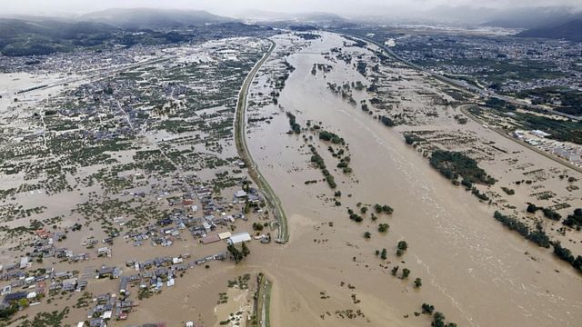 Areas flooded by the Chikuma river following Typhoon Hagibis in Nagano, central Japan, October 13, 2019