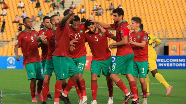 Le Maroc, tenant du titre, fête son but victorieux contre le Togo au Championnat d'Afrique des Nations au Cameroun