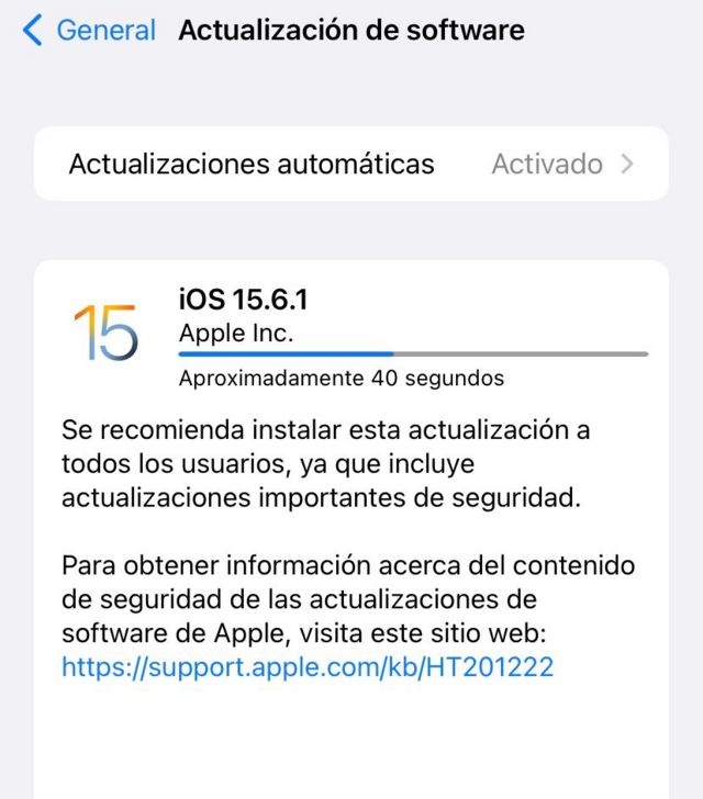 Screenshot with the update released by Apple.