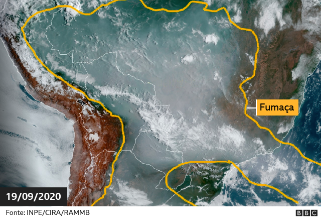 Fumaça na América do Sul em imagem de Satélite no dia 19 de setembro de 2019