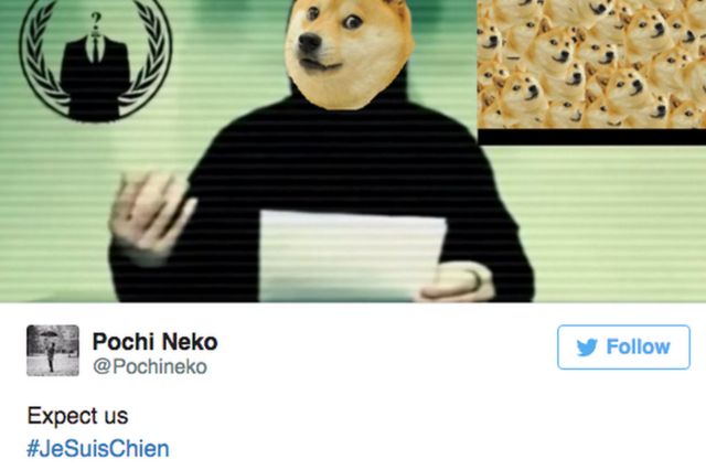 「アノニマス」がISと戦うと宣言する画像に犬の写真をコラージュしたツイートも
