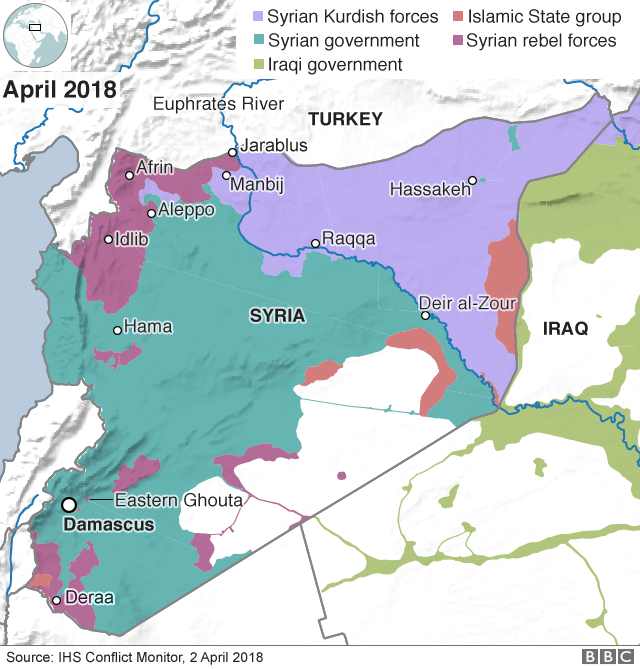 4月2日時点での各勢力の支配地域、薄紫がシリア・クルド人勢力、オレンジがIS、緑がシリア政権、濃紫がシリア反体制勢力、薄緑がイラク政府（IHSコンフリクト・モニター調べ）
