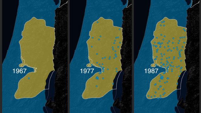 خريطة للمستوطنات الإسرائيلية في الضفة الغربية من 1967-1987.