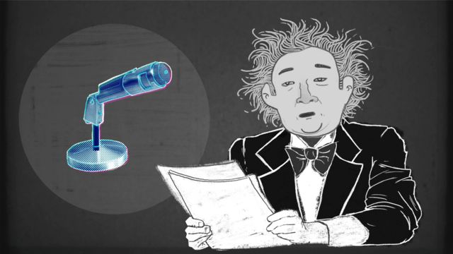 Ilustração em preto e branco do Dr. Anônimo diante de um microfone