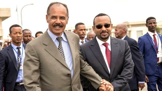 President Isaias Afwerki (left) welcomed Ethiopia's Prime Minister Abiy Ahmed to Asmara