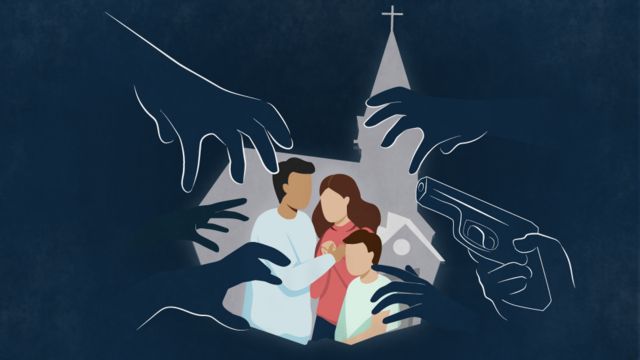 Ilustração de família de trancada na igreja