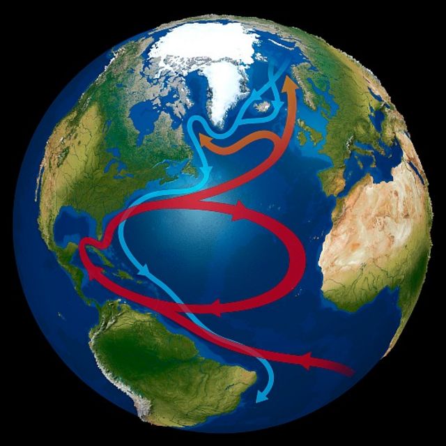 Mapa da América e da África com setas mostrando as correntes no Oceano Atlântico