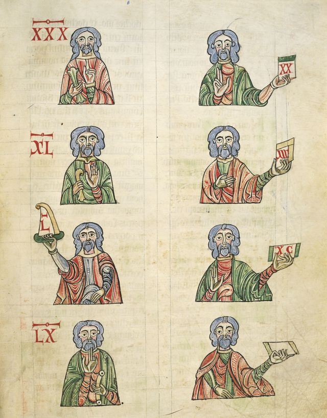 Aprendendo a contar com os dedos, miniatura de "De Numeris" de Rabano Mauro, manuscrito, Itália do século 11