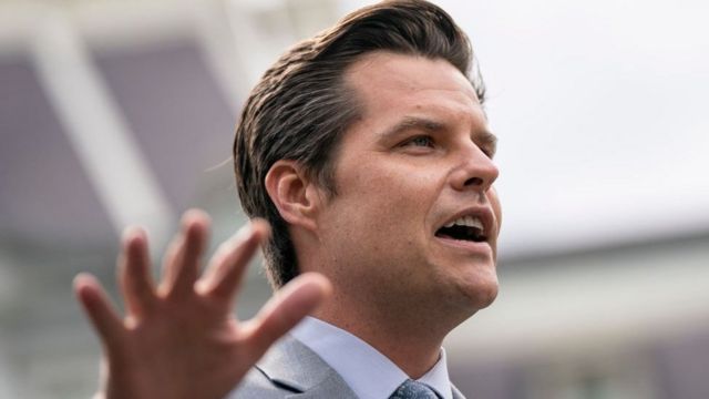 Congressman Matt Gaetz speaks to journalists as he leaves the White House