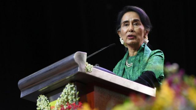 Myanmar State Counsellor Aung San Suu Kyi speaks to the Myanmar Community in Singapore during a meet session on December 1, 2016