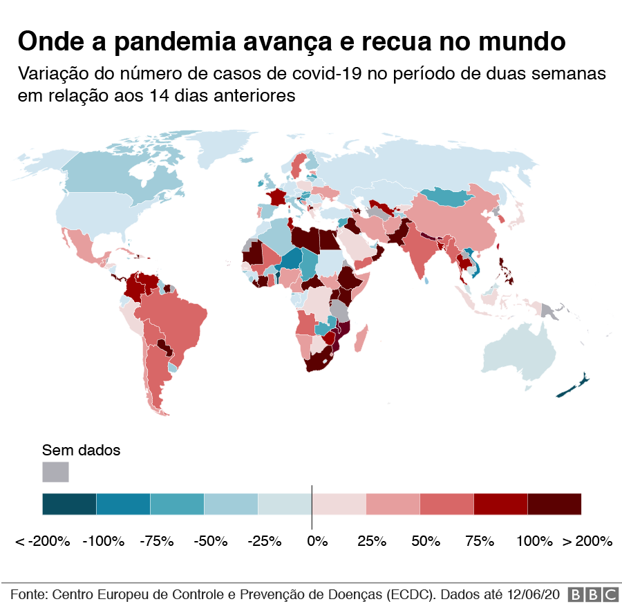gráfico com mapa de onde a pandemia cresce e recua