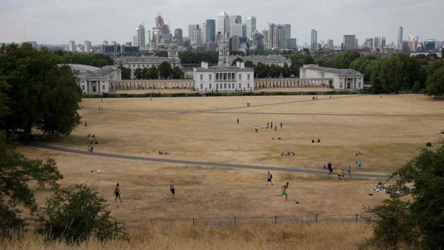 visitors to Greenwich Park walk and play on the dry brown grass
