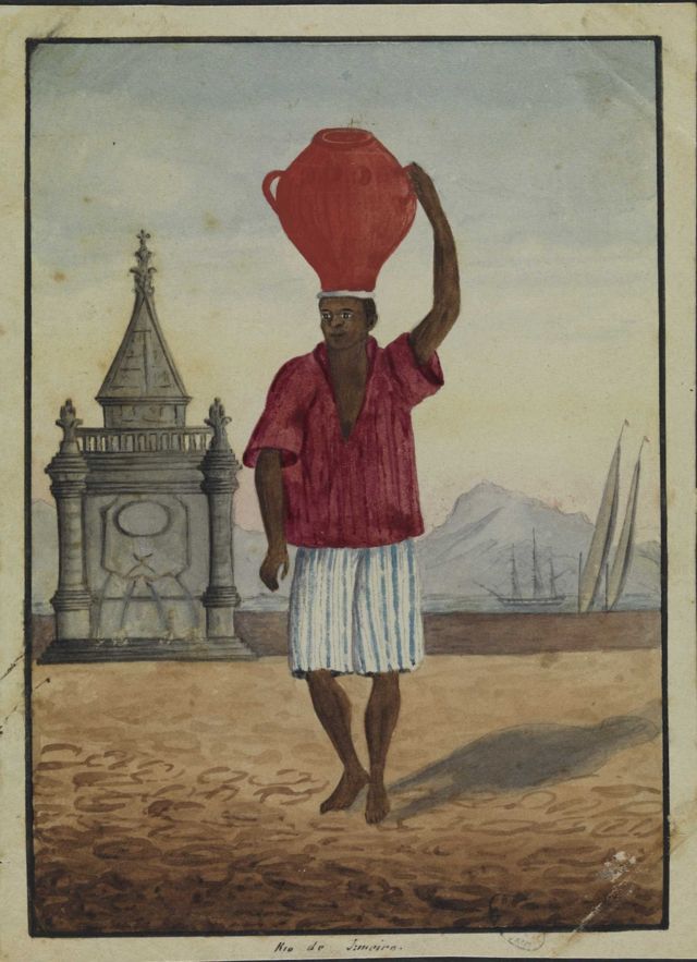 Desenho mostra escravo carregando água em 1825