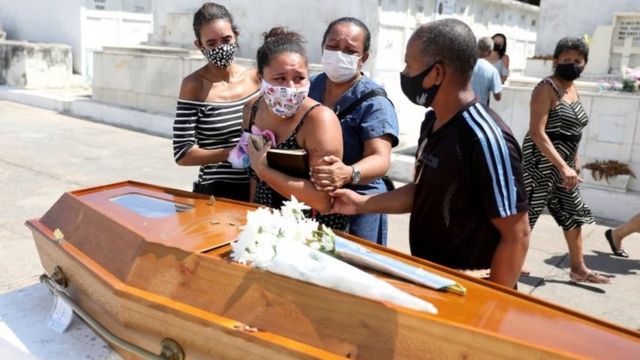 Familiares de vítima de covid-19 choram em volta de caixão durante enterro