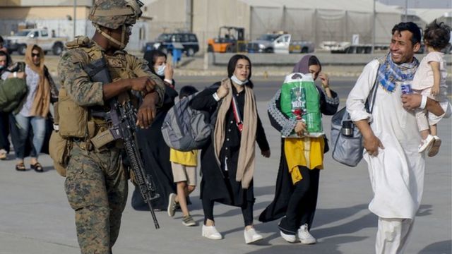 During the evacuation at Afghanistan International Airport, the U.S. Marine Corps of the 24th Marine Expeditionary Force was escorting the evacuees