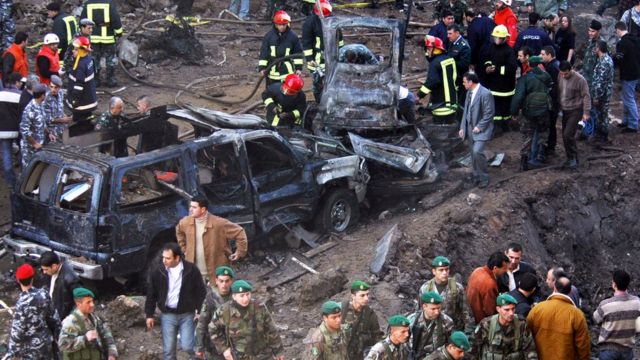 Vehicles destroyed in the bombing of the armed motorcade of former Lebanese Prime Minister Rafik Hariri, in Beirut, Lebanon, 14 February 2005