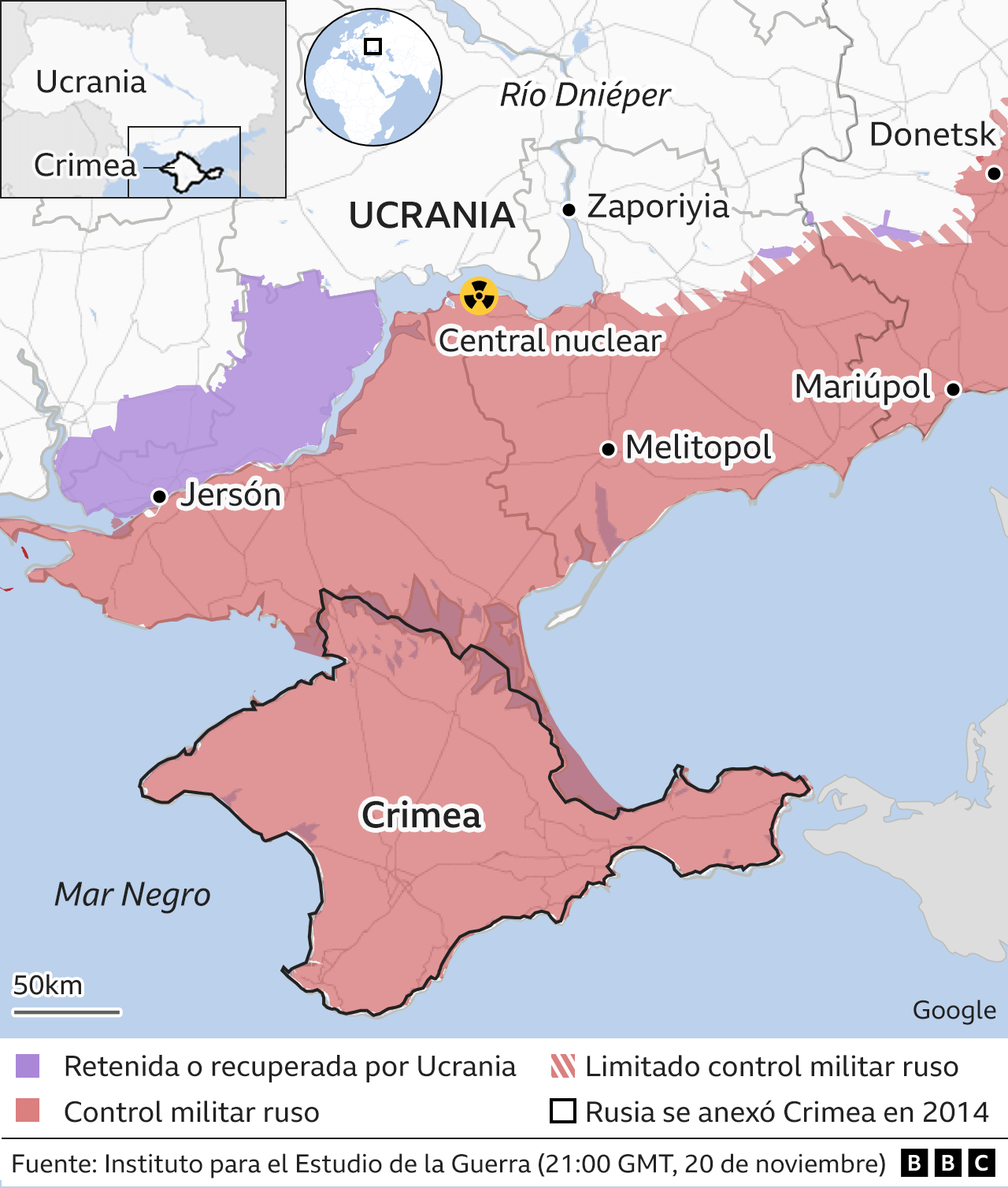Mapa de la central nuclear de Zaporiyia