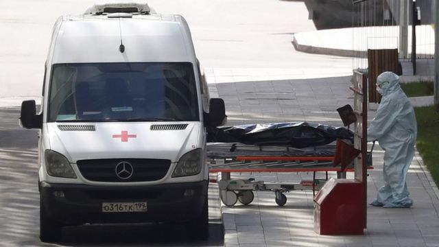 Тело умершего погружают в машинй скорой помощи