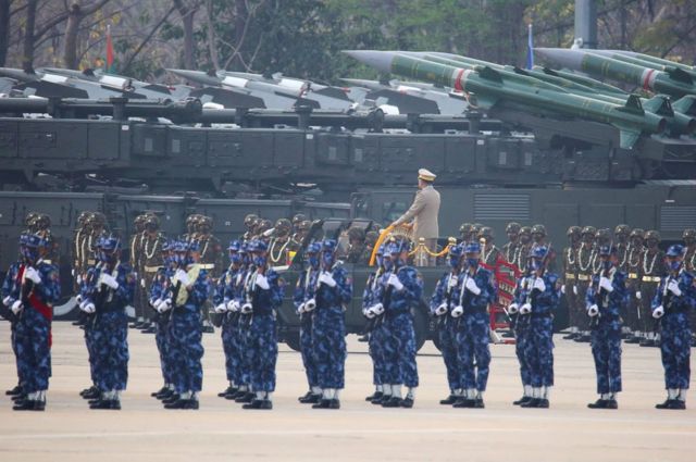 Myanmar's junta chief Senior General Min Aung Hlaing, who ousted the elected government in a coup on February 1, presides an army parade on Armed Forces Day in Naypyitaw, Myanmar, March 27, 2021.