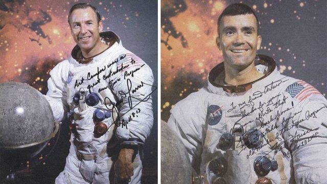 Autographed photographs of Apollo 13 astronauts Jim Lovell and Fred Haise, addressed to Arturo Campos.
