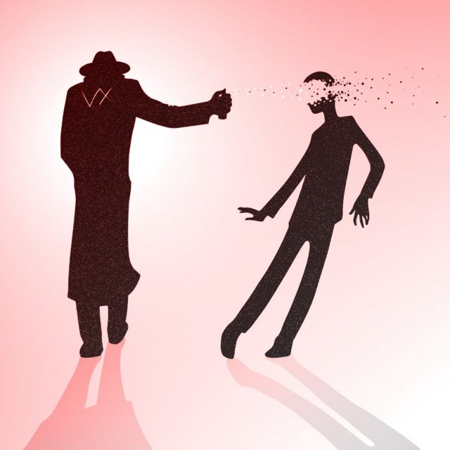 Ilustração de espião jogando spray em um homem