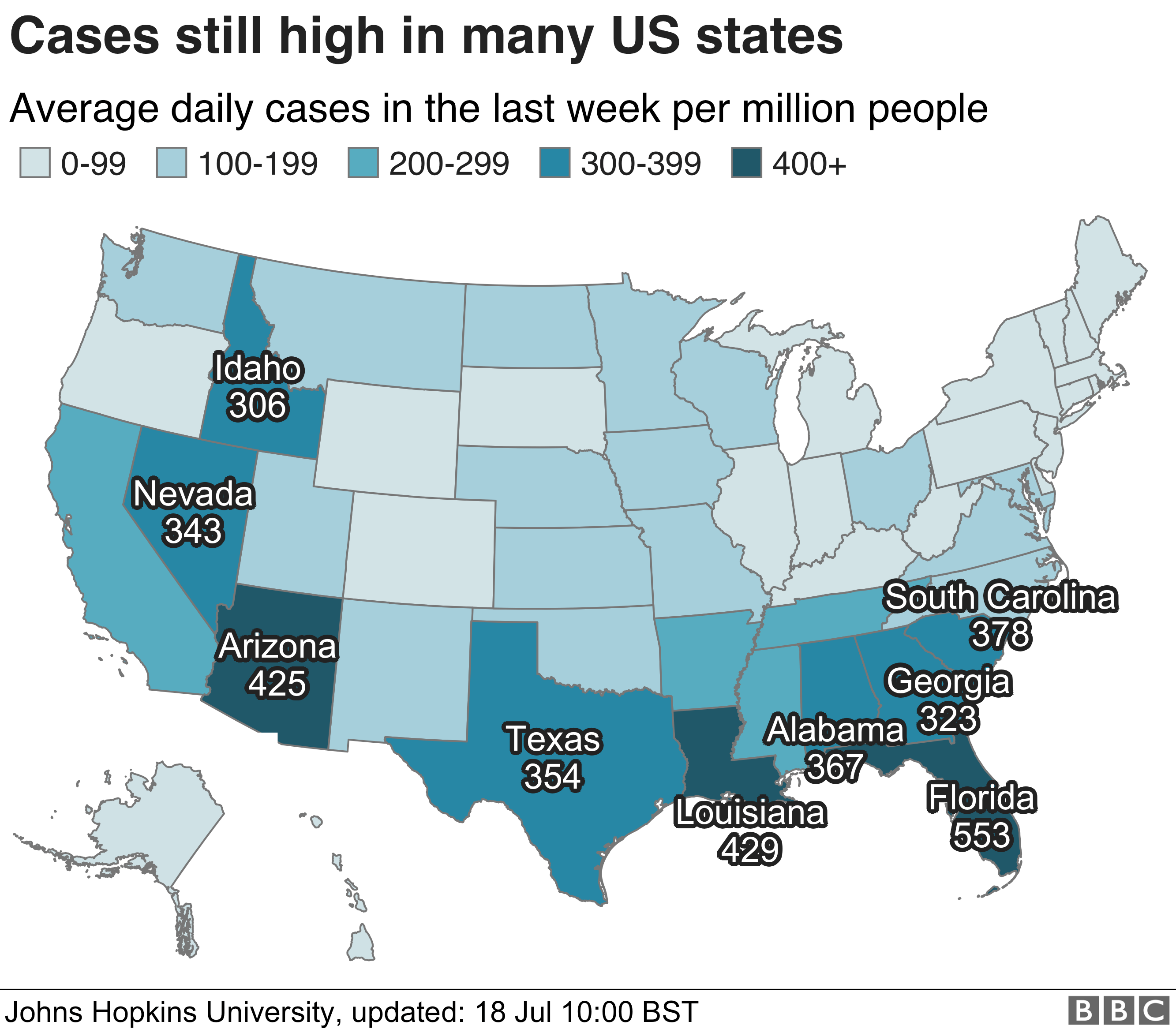 Map of rising cases in the US