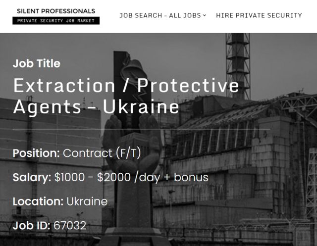 Screenshot of job offer looking for people with military experience to help evacuate people from Ukraine.