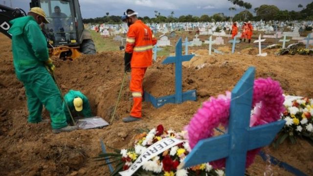 Trabalhadores enterram caixão em cemitério de Manaus