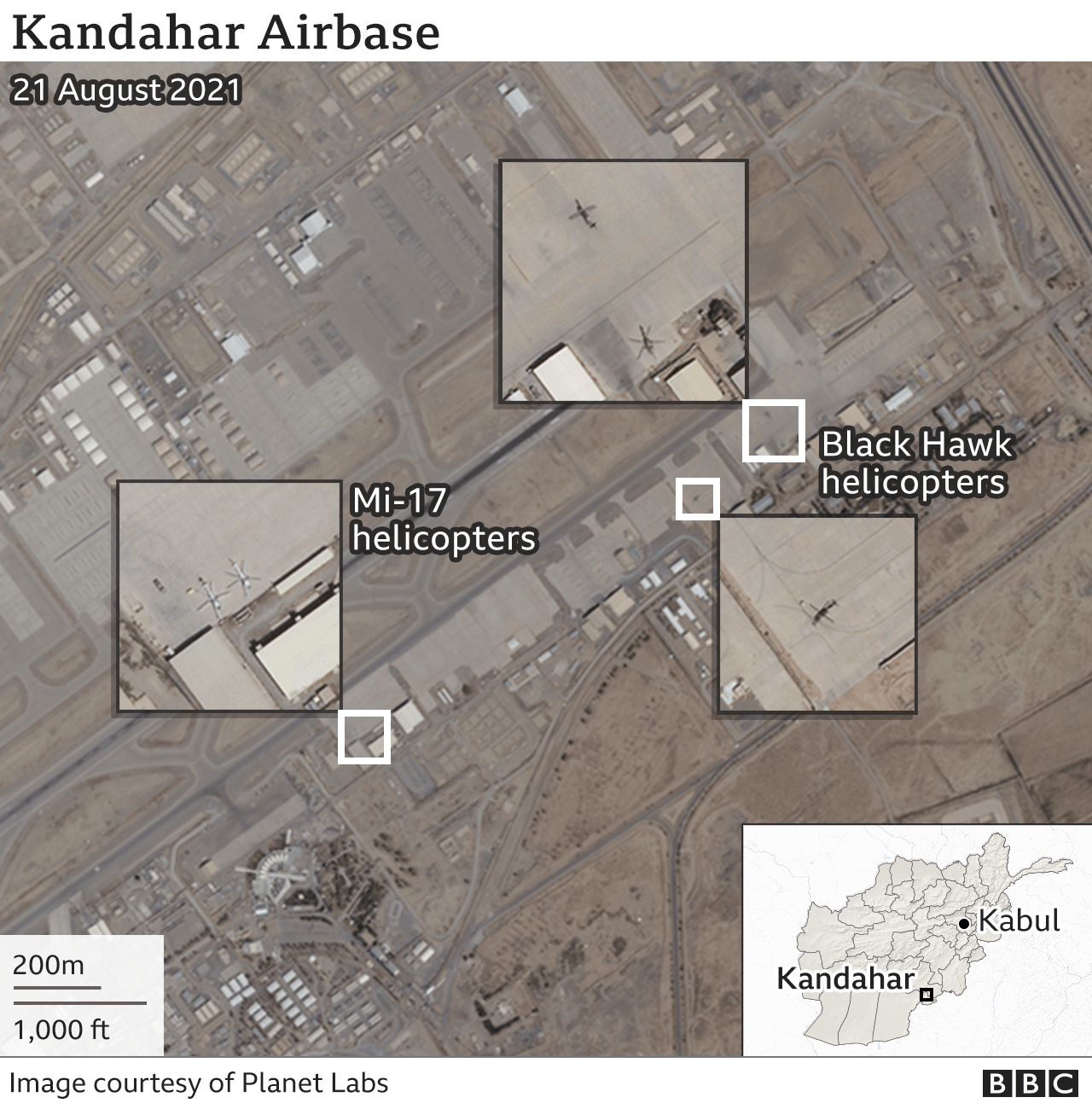 Satellite image of Kandahar Air Base with military aircraft on the ground. Updated 27 Aug.