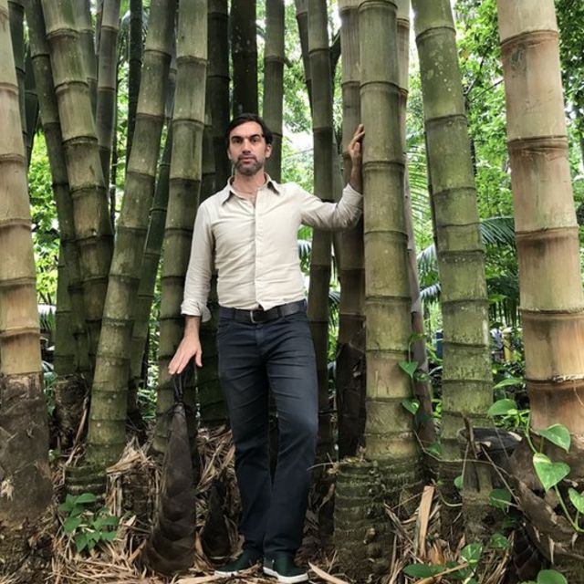 Omar Pandoli al lado de bambúes.