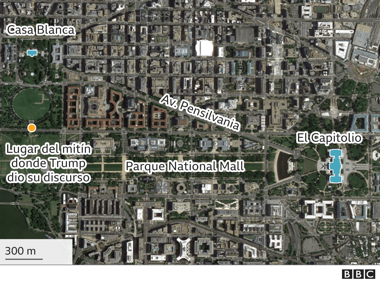 Mapa que muestra la distancia entre la Casa Blanca y el Capitolio.