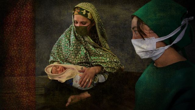 Afghan mother and baby with doctor. Photo collage illustration from photographs courtesy Getty Images