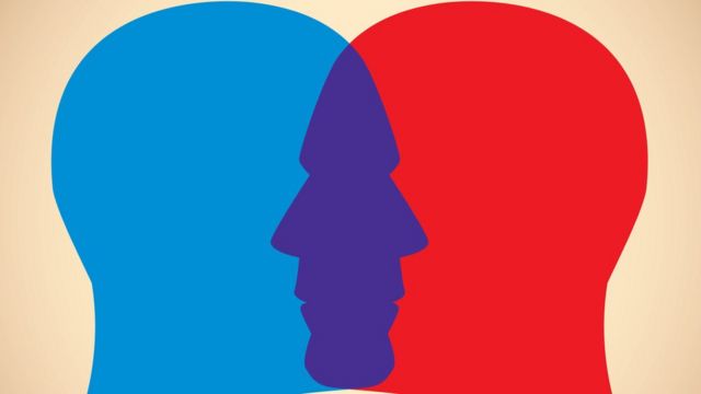 Ilustração mostra cabeças com sombreado azul e vermelho de face a face