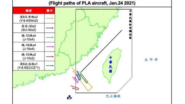 1月24日，台湾国防部又证实，共15架解放军军机飞入台湾西南空域。