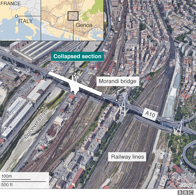 Map of bridge collapse in Genoa