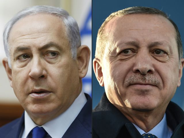 Close up of Israel's prime minister Benjamin Netanyahu on the left and Turkish President Recep Erdogan on the right