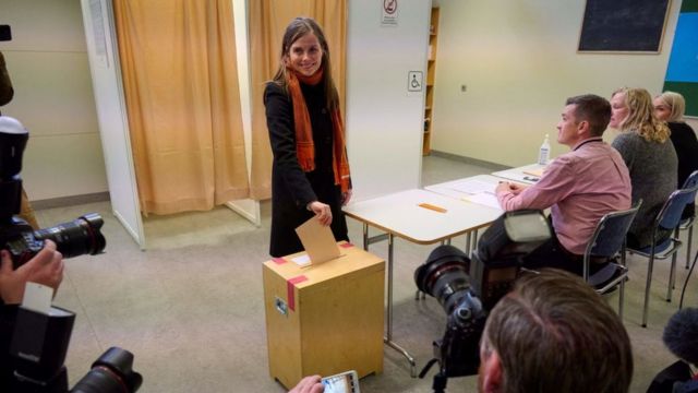 Iceland's Prime minister Katrin Jakobsdottir casting her vote on Saturday
