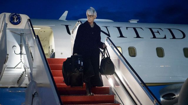 Then-US Under Secretary for Political Affairs Wendy Sherman arrives at Andrews Air Force Base in Maryland in 2015.