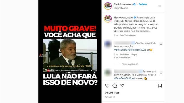 Foto de postagem no Instagram do senador Flávio Bolsonaro