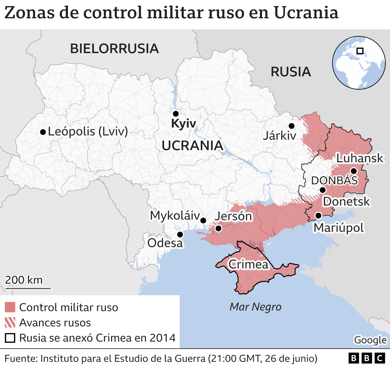 Peta kemajuan Rusia di Ukraina.