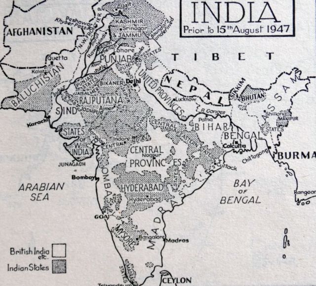 Map of India before the partition of the British Empire leading to the creation of India and Pakistan in 1947.