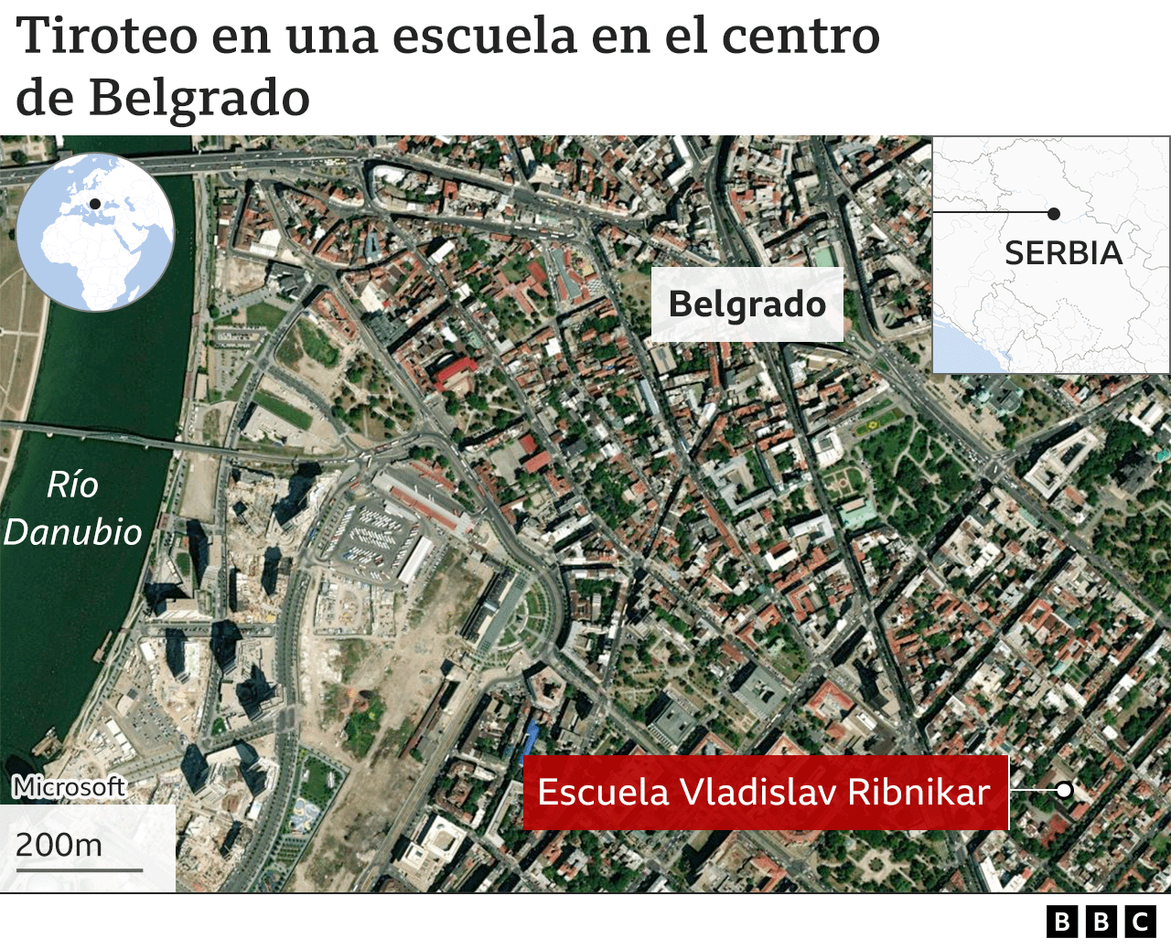 Mapa del lugar ocurrido en una escuela en Serbia