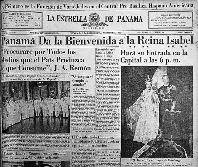 Portada de La Estrella de Panamá del 29 de noviembre de 1953. Aparecen la reina y su marido