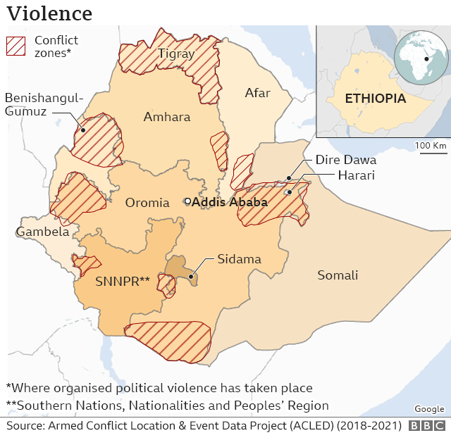 Map of Ethiopia showing where conflict has broken out