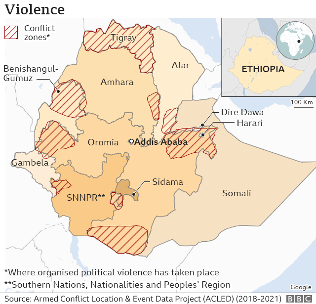 Карта Эфиопии, показывающая, где разразился конфликт