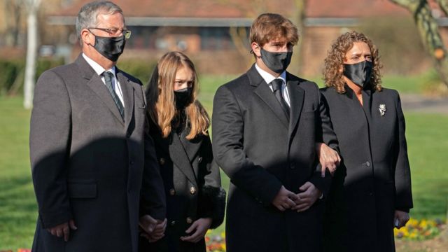 The family of Captain Sir Tom Moore (L-R) son-in-law Colin Ingram, granddaughter Georgia, grandson Benjie and daughter Hannah Ingram-Moore arrive funeral of Captain Sir Tom Moore at Bedford Crematorium