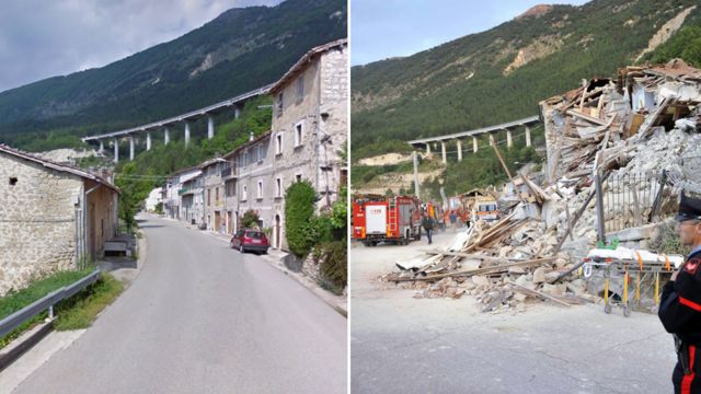 An image of some of the damage on the Via Salaria road in Pescara del Tronto compared to an image of the street before the quake - 24 August 2016