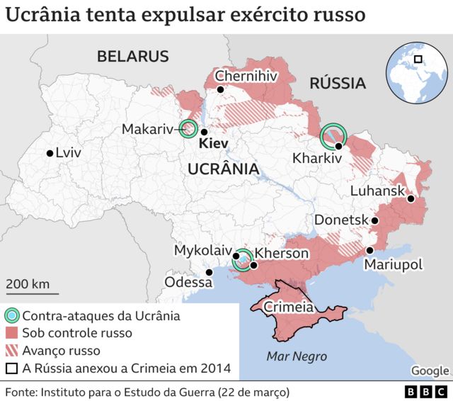 Mapa mostra avanço russo e resistência ucraniana no mapa